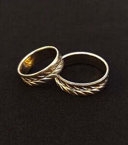 14K Yellow Gold Matching Wedding Band Ring Set His Hers Etched Sz 9 + 14 6gm+5gm