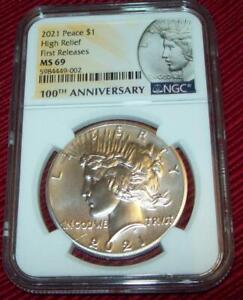 New Listing2021 PEACE SILVER DOLLAR CERTIFIED NGC MS 69 HIGH RELIEF FIRST REL COA& BOXES $1
