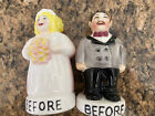 CLAY ART Bride & Groom Before/After Ceramic SALT & PEPPER Shaker Vintage