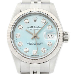 Rolex Ladies Datejust 69174 18K White Gold & Steel Ice Blue Diamond Dial Watch
