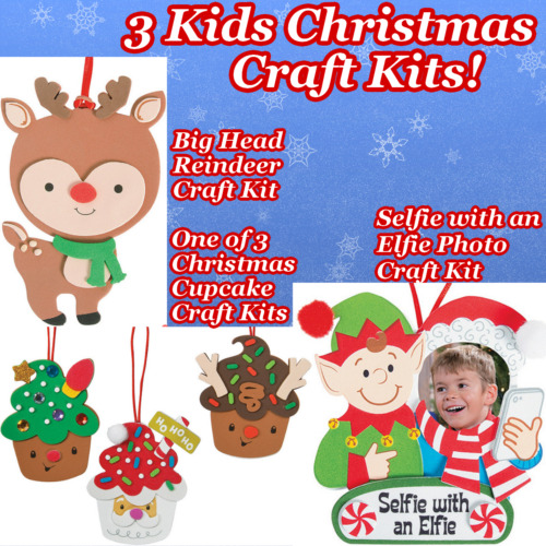 3 KIDS CHRISTMAS CRAFT KITS Cupcake Kit, Big Head Reindeer, Selfie w/Elfie Frame