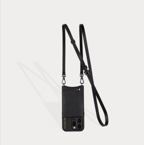 EMMA Pebble Leather Crossbody Bandolier in Black/Pewter (for iPhone 15 Pro Max)