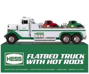 Hess 2022 Flatbed Truck With 2 Hot Rods Flashing LIGHTS! Brand New