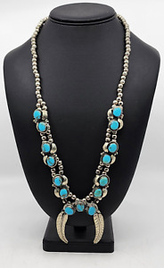Vintage Mexico Nickel Silver & Turquoise Squash Blossom Necklace