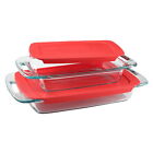 Pyrex Easy Grab 4-piece Rectangular Glass Bakeware Set with Red Lids, Clear