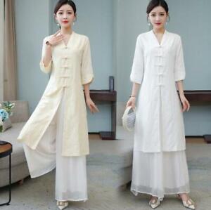 New Women's Chinese Style Cotton line Long Dress ethnic Buckle tang suit Dress
