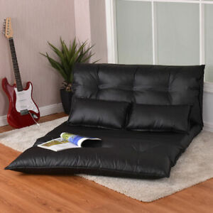 PU Leather Foldable Modern Leisure Floor Sofa Bed Video Gaming 2 Pillows Black