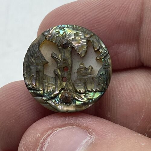 New ListingAntique 3/4” Carved Mother Of Pearl Abalone Button STUNNING! Scenery Ornate