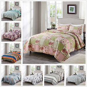 Floral Pattern Printed Quilt Set Coverlet  All Season Microfiber Bedspread Set