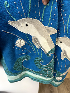 vintage sweater cardigan 2x cotton storybook knit dolphin ocean beach