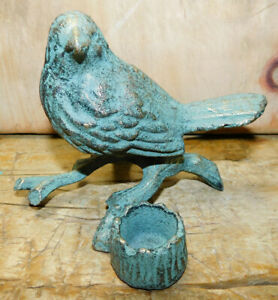 FEEDER Cast Iron DOVE Garden Statue BIRD Candle Holder Home Decor BLUE BIRD