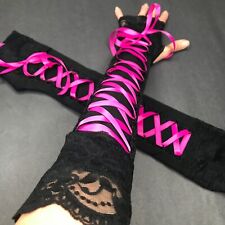 Hot Pink Corset Arm Warmers Black Lace Up Gloves Long Cosplay Wedding Sleeves