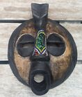 African Hand Made Carved Round Wood Beaded Mask Tribal Multi Colored 7