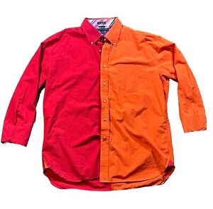 Vintage Tommy Hilfiger Shirt Mens XL Red Orange Two Tone Long Sleeve Button Up