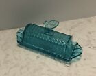Vintage Circleware Aqua Blue Glass Butter Dish Butterfly Turquiose Blue