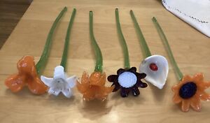 6 Murano Style Art Glass Long Stem Flowers, 13” Inch Hand-Blown Flowers, Spring