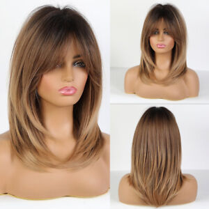 Natural Straight Layered Hair Wigs With Long Bangs for Women Ombre Brown Wig