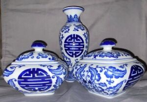 New ListingLot of 3 Blue & White Asian Vase and Two Matching Lidded Jars