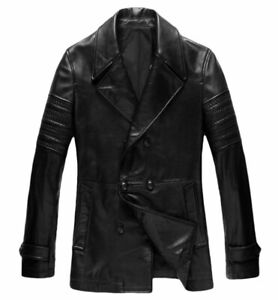 Men's Leather Trench Coat Real Lambskin Leather Coat #67