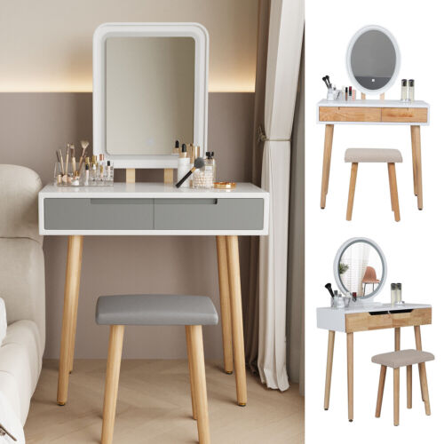 Makeup Vanity Set Dressing Table Desk with Stool LED Lighted Mirror Drawers Wood