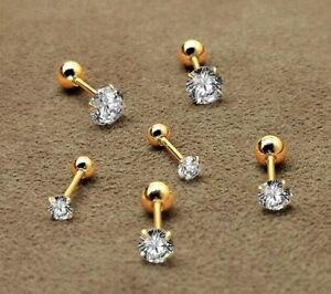 Gold Round CZ Crystal Stud Earrings Screw Back Surgical Steel Ear Stud 2-6mm 2PC