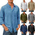 Men Denim Shirt Long Sleeve Turn-Down Collar Button-Up Chest Pocket Casual Top❤