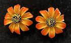 Vintage Adorable Orange Yellow Daisy Flower Clip Earrings Metal