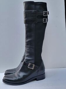Cole Haan Tennley Knee High Black Leather Stretch Buckles Pull On Boots Size-7
