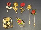 Vintage LOT of 7 Brooch Pin Rhinestones Flowers Red Roses 1/20 14kt Gold Enamel