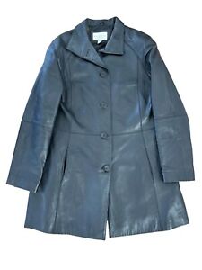 Worthington Genuine Lambskin Leather Trench Coat Black Jacket Long Womens Small