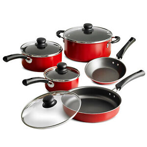 9 Piece Non Stick Cookware Set Pots & Pans Kitchen Home Cooking Pot Pan, Red