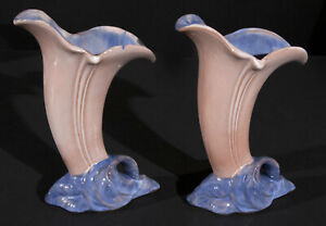 Pair of Stangl Terra Rose Blue Lily Horn Vase  #3612 8 1/2 Inches Tall