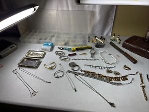Vintage Junk Drawer Lot Rings Watches Necklaces Pack A Knife .925 10kgf Earrings
