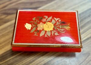 VINTAGE ITALIAN Wooden Floral Inlay Music Box RED Plays 3 Coins In The Fountain
