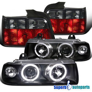 Fit 1992-1998 E36 318 328 Halo Projector Headlights Black+Tail Lamps Red & Smoke (For: BMW)