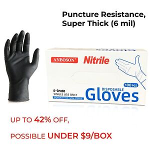 6 Mil Black Disposable Medical Exam Nitrile  Gloves -Latex & Powder Free, 100 ct
