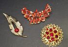Vintage LOT of 3 Ruby Red Rhinestone Brooches Pins Brooch Unsigned Beauties