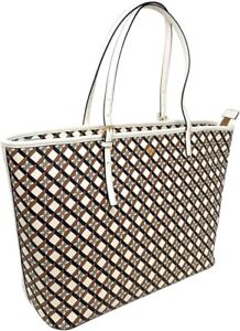 TORY BURCH 143364 GEO LOGO IVORY WITH GOLD HARDWARE TOP ZIP WOMENS TOTE BAG