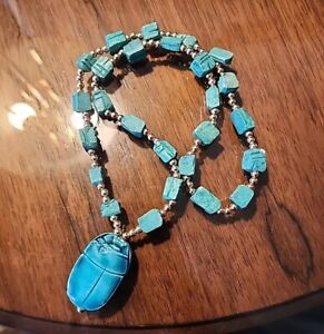 VINTAGE EGYPTIAN Revival Blue Turquoise SCARAB BEAD NECKLACE