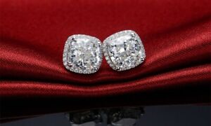 Men & Women 925 Sterling Silver Cubic Zirconia Halo Square Stud Earrings - Gift