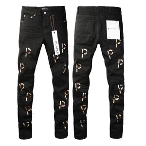 2024 New Pop Style Purple Brand Men's Pants Gold P Print Design Black Jeans