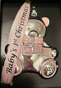 2021 DATED BABY'S 1ST CHRISTMAS SILVER ORNAMENT~GIRL~PINK EUROPEAN CRYSTALS~NIB