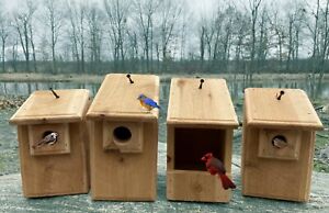 4 Cedar Bird Houses, Bluebird, Wren, Chickadee, Cardinal, Natural or Scorched