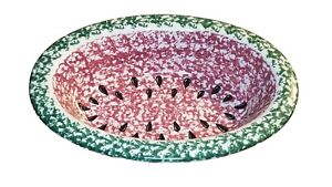 Roseville Pottery Watermelon Large Oval Bowl Sponge Ware Green Red Seeds 12x9x3