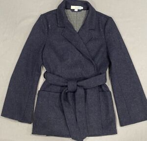 Boden Women’s Coat Jacket 6 Blue Double Faced Wrap Wool Blend Belted Waist