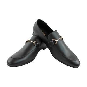 Genuine Leather Mens Black Slip On Loafers Gold Buckle Dress Shoe AZARMAN