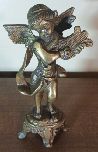 Vintage Brass Figurine Cherub Playing a Harp Statue 5 3/8