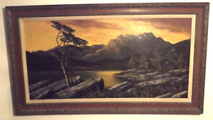 Original P. Olshof Landscape Mountain Lake Rock Shore Oil Canvas Painting 56