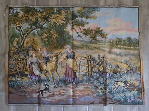 Antique Pictorial French Tapestry Peasant Woman Boy Girl Donkey Dog 32