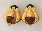 Vintage Italy REPLICA Signed Enamel, Faux Amber Gold Tone Earrings Clip-on